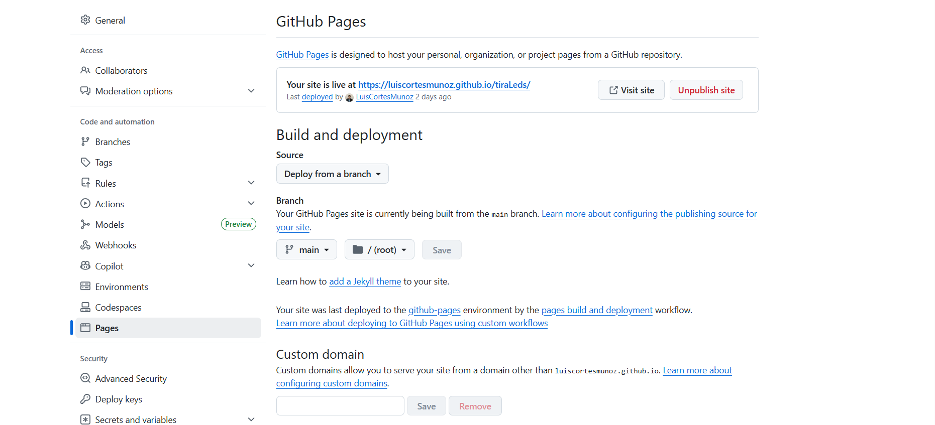 Figura 4 — Configuración de GitHub Pages